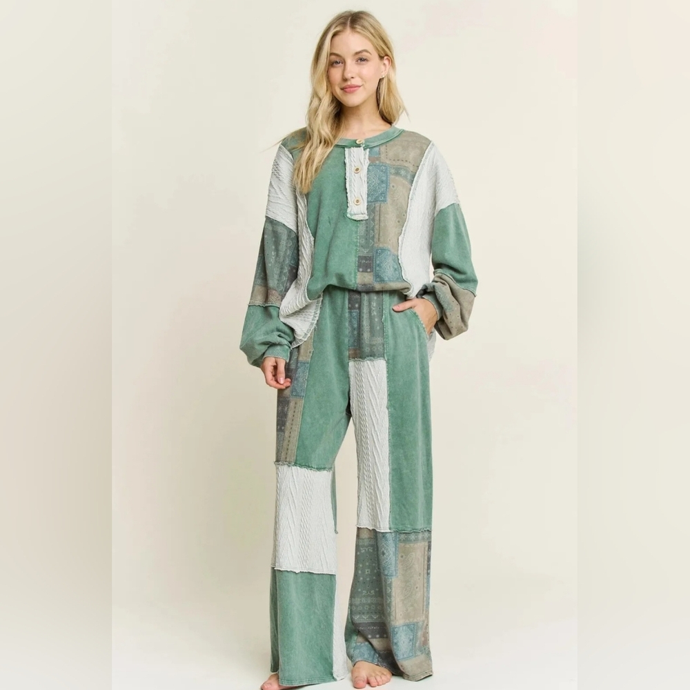 #1057 J Her Mineral Washed Bandana Patchwork + Sweater Pant SET - Picture 3 of 10